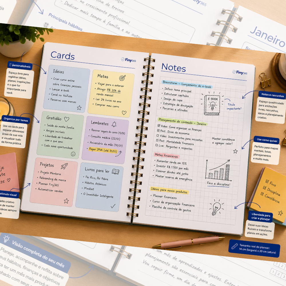 Cards e notas do planner Finy365