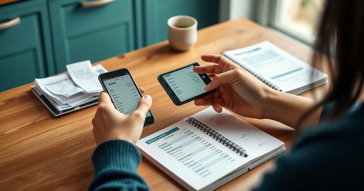 Pessoa registrando gastos no celular ao lado de recibos e um caderno