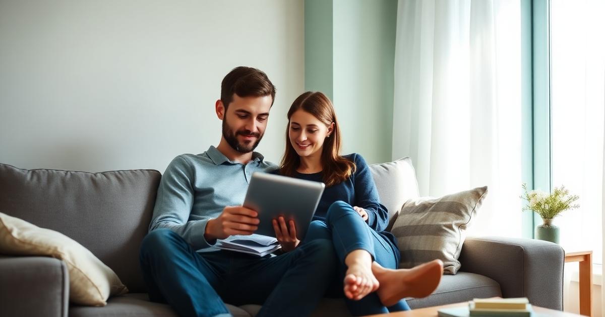 Casal sentado no sofá revisando as contas da casa em um tablet