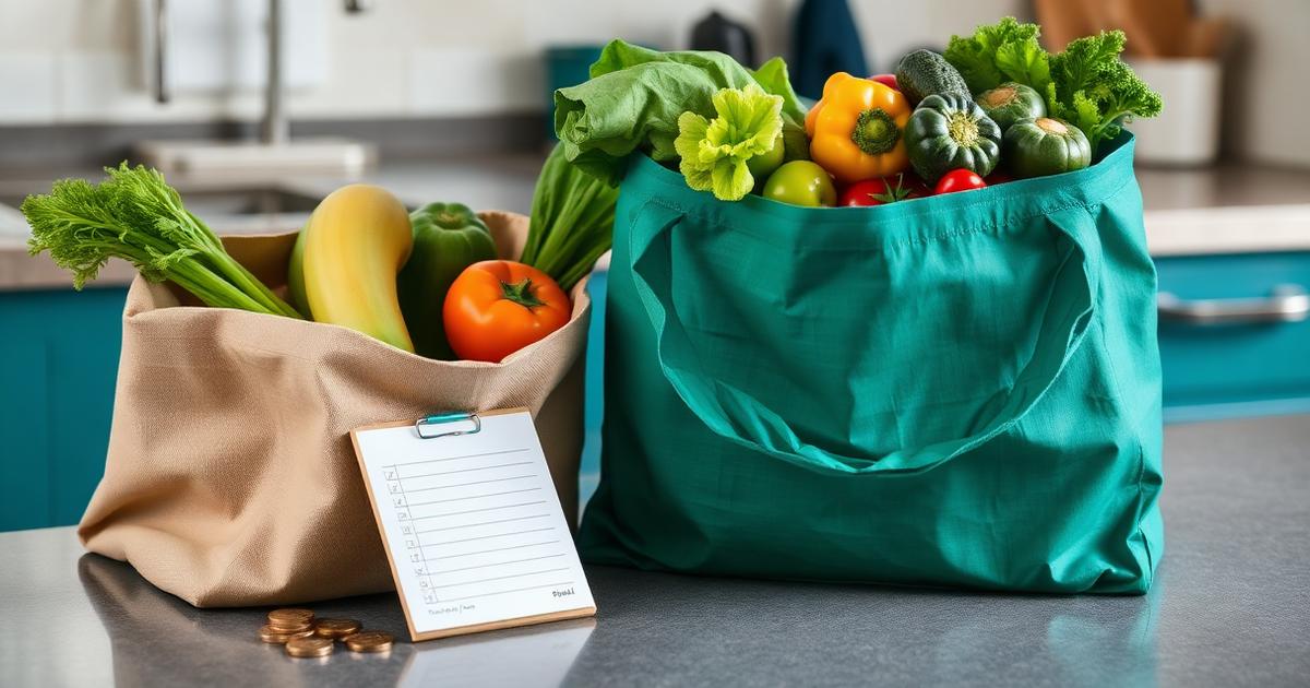 Sacolas reutilizáveis com verduras frescas ao lado de uma lista de compras e moedas
