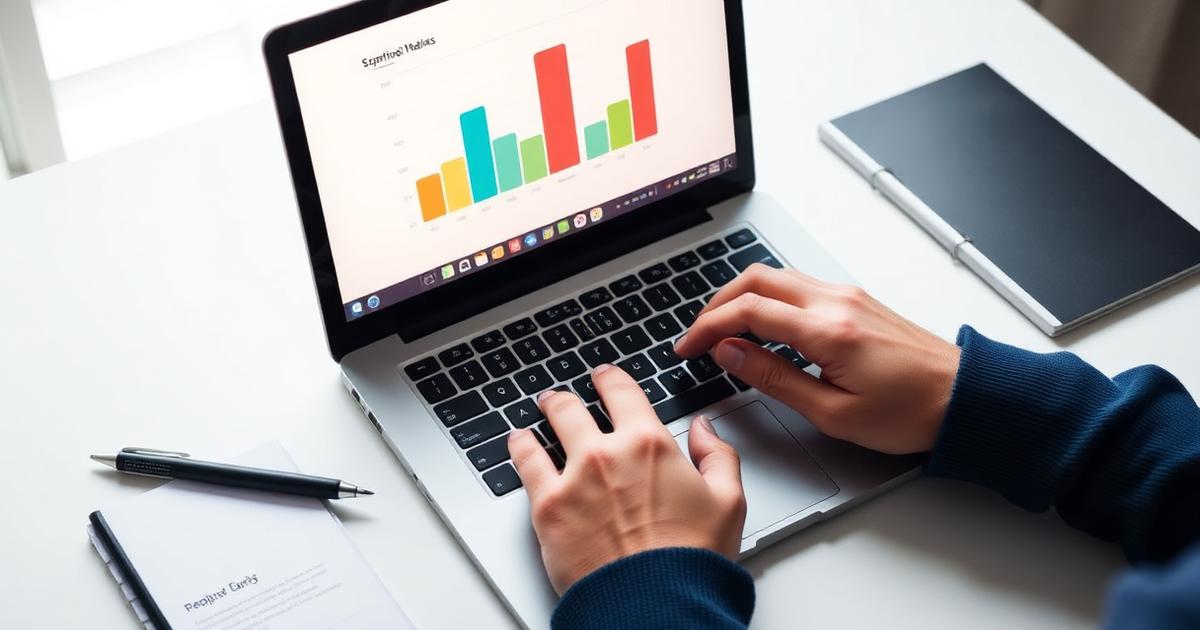 Mãos digitando em um notebook com gráfico de barras colorido na tela