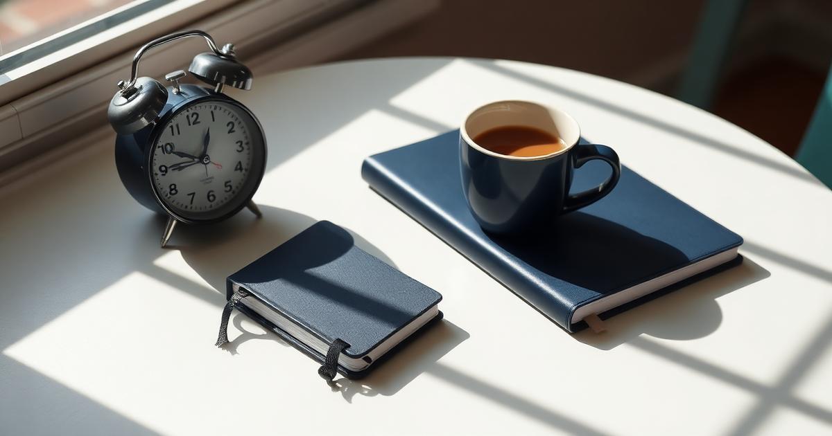 Despertador, planner azul-marinho e caneca de café sobre mesa branca ao amanhecer