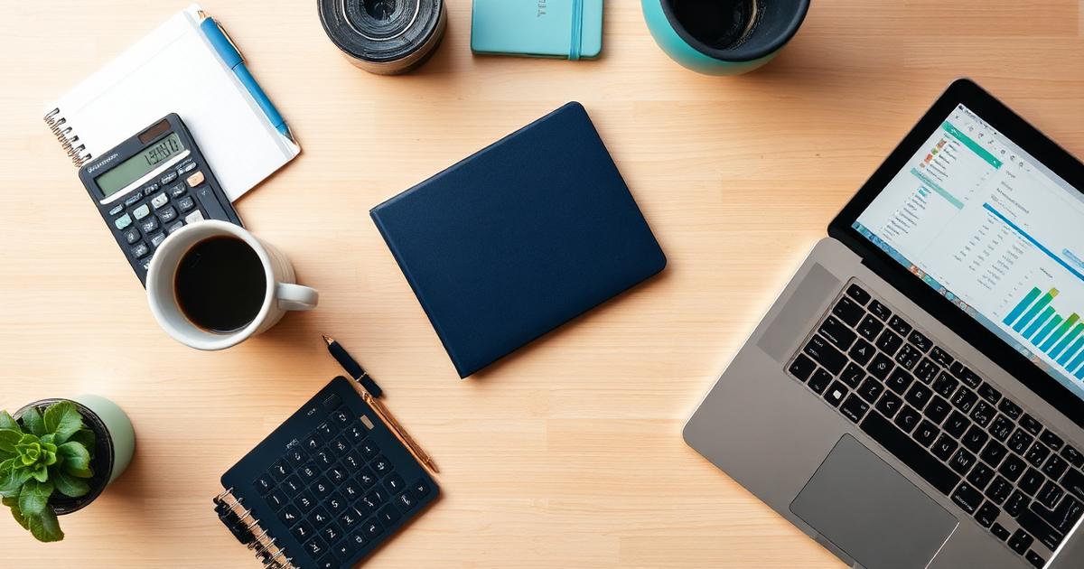 Mesa organizada com planner financeiro, calculadora e notebook com painel de orçamento