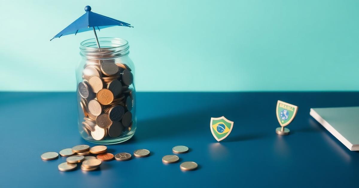 Pote de vidro com moedas protegido por um guarda-chuva sobre mesa azul-marinho