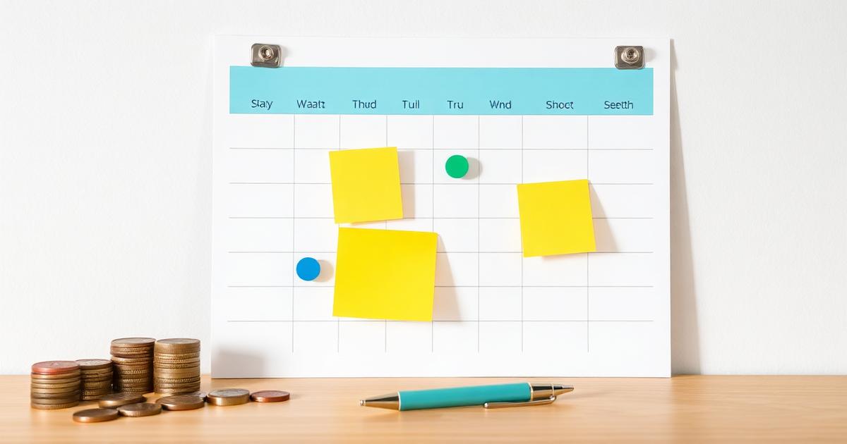 Planner anual de parede com marcações coloridas ao lado de moedas