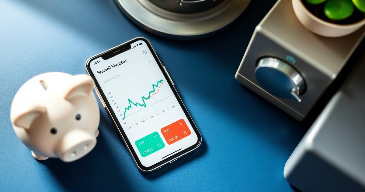 Cofre metálico ao lado de um celular exibindo gráfico de investimento