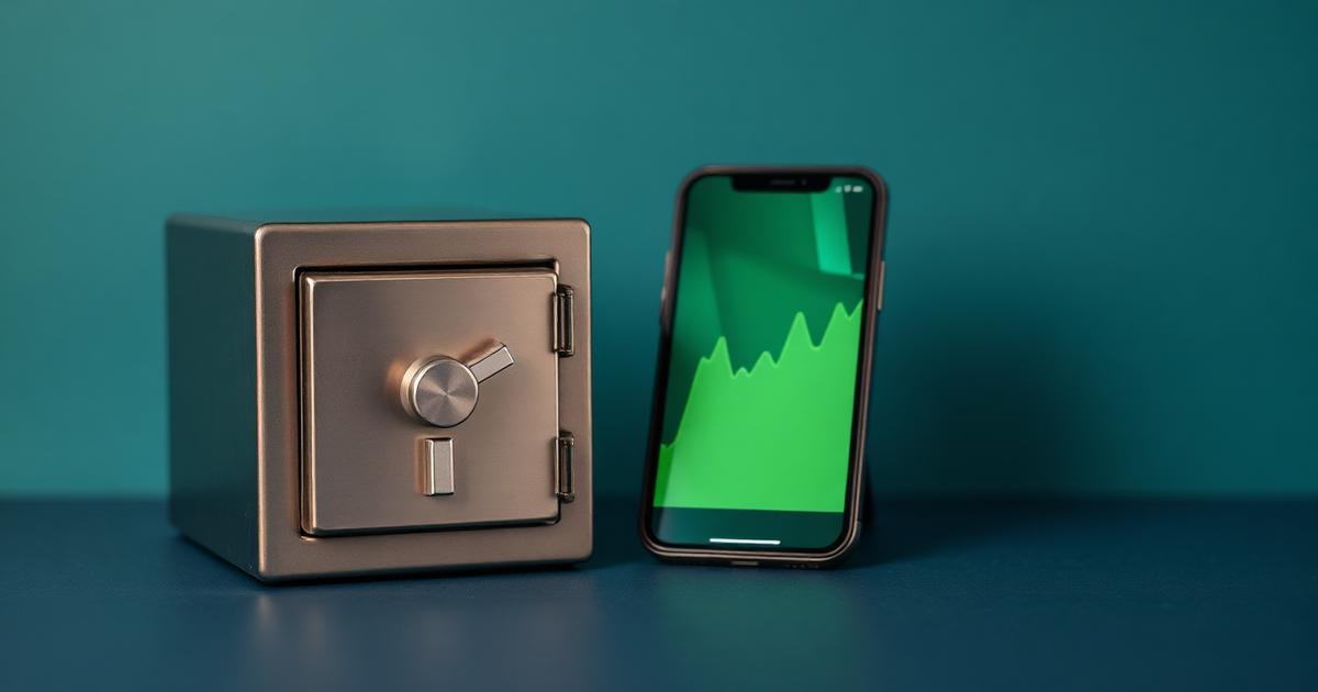 Cofre metálico ao lado de celular com gráfico verde de investimento
