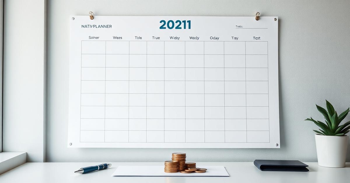Calendário anual sobre mesa com caneta, calculadora e caderno