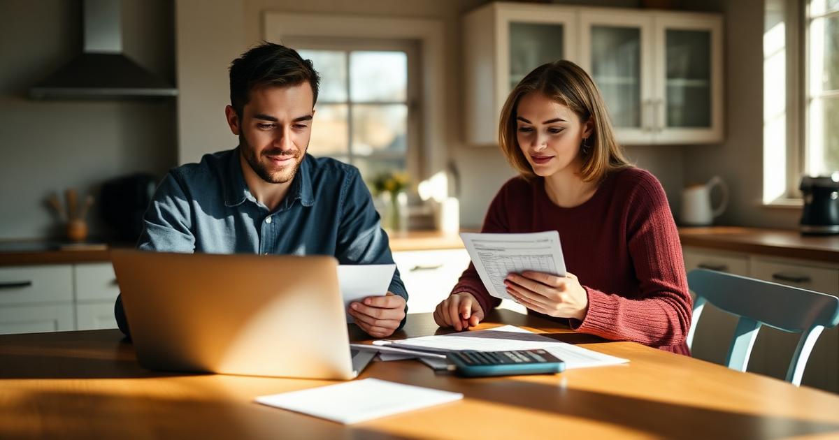Casal analisando contas e planilha na mesa da cozinha