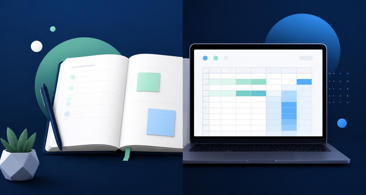 Planner físico ao lado de laptop com planilha