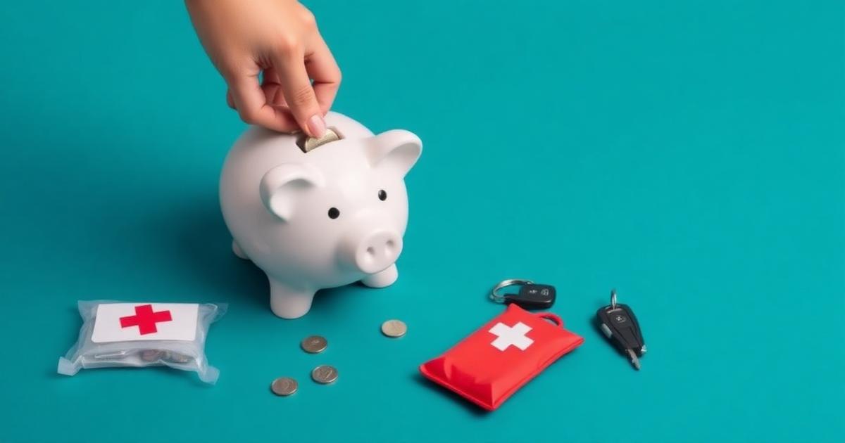 Mão retirando moeda de um cofrinho ao lado de kit de primeiros socorros e chave de carro