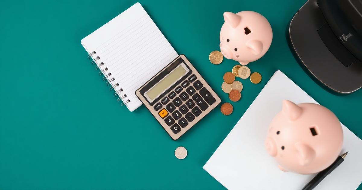 Calculadora, caderno, moedas e cofrinhos sobre fundo verde