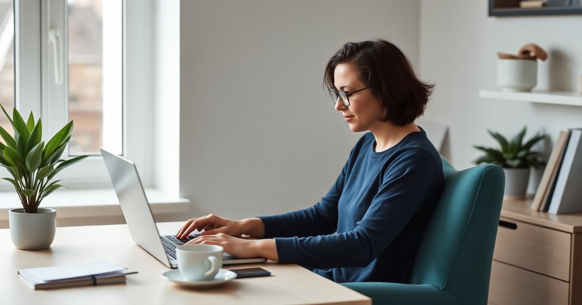 Profissional autônoma trabalhando em notebook em home office claro