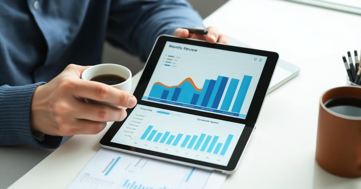 Pessoa revisando planilha financeira no notebook com xícara de café