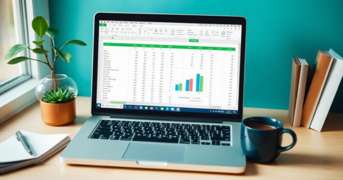 Notebook com planilha financeira e gráficos sobre mesa clara com planta